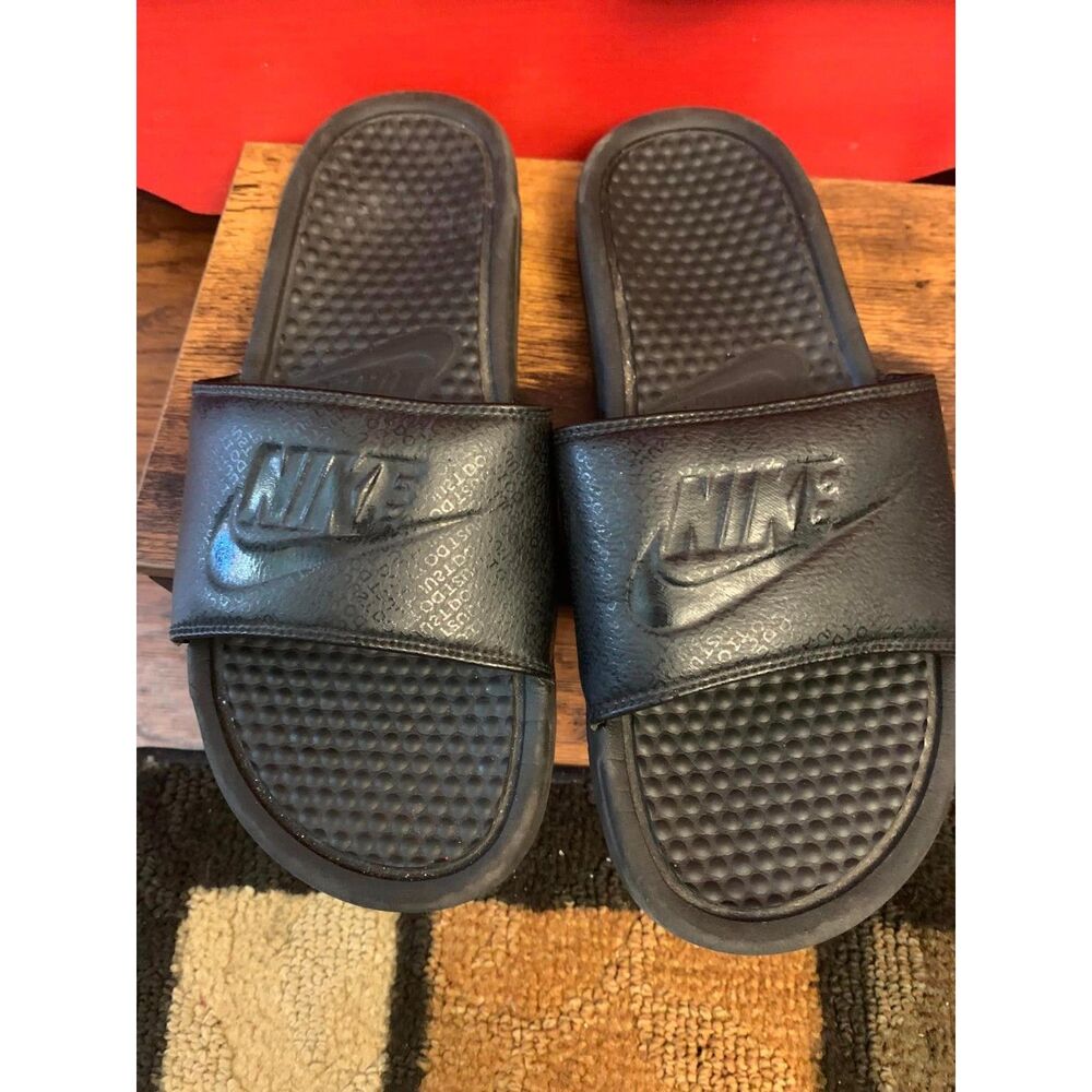 Nike Mens Size 8 Benassi Just Do It Black Slides Slip Ons Flip Flops Sandals EUC